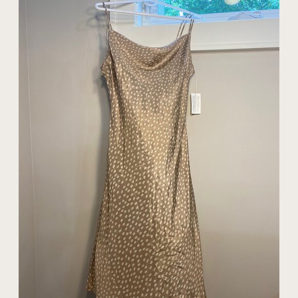 Calvin Klein Silk Cowl Neck Cafe Au Lait Polka Dot Slip Dress - Picture 1 of 6